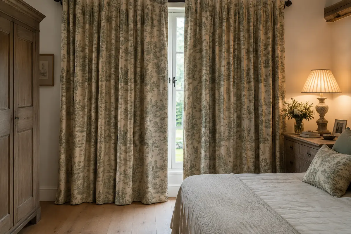 A pair of heavy-weight French linen blackout curtains with a sage green toile-de-Jouy pattern, slightly open to show a cottage window, with a warm-glow bedside lamp creating a serene sleep sanctuary.