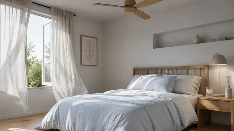 Modern minimalist bedroom with high-tech cooling bedding and a cooling pillow for better sleep during warm nights.