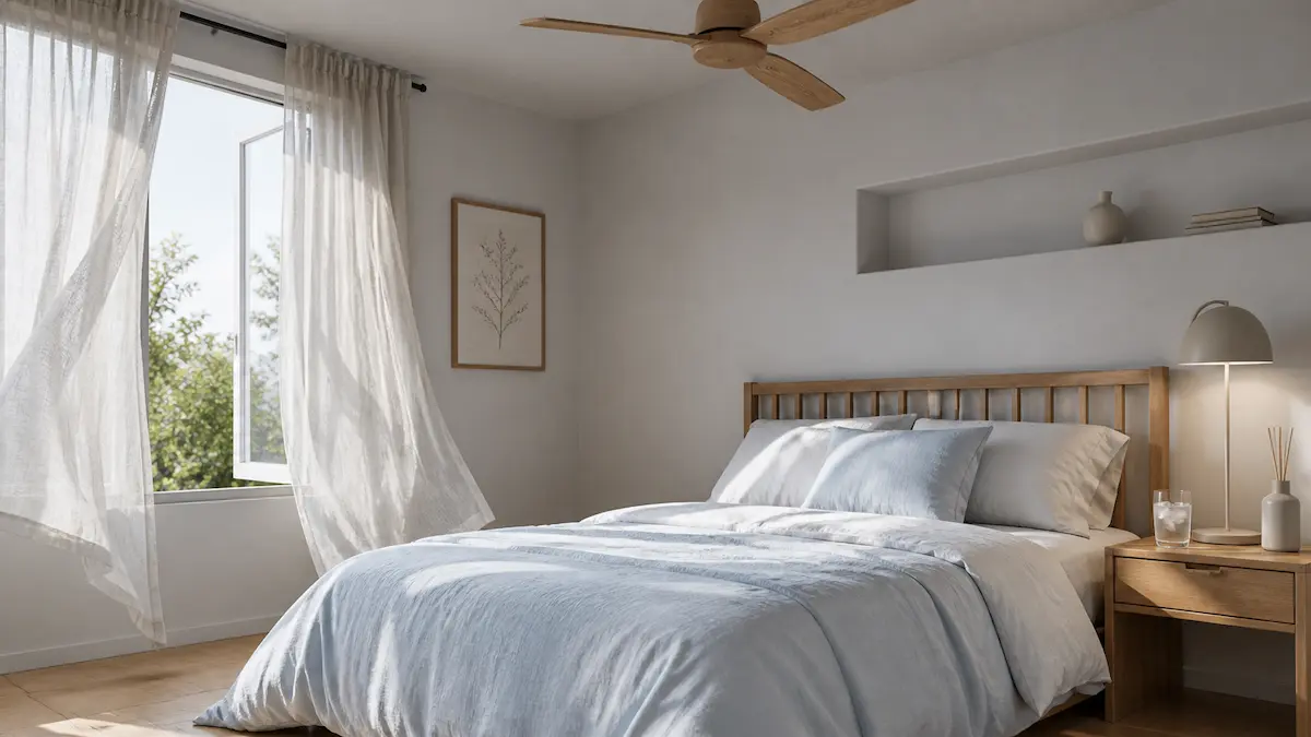Modern minimalist bedroom with high-tech cooling bedding and a cooling pillow for better sleep during warm nights.