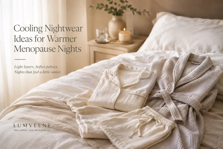 Alt text: Soft lightweight nightwear and waffle robe on a calm neutral bedroom bed for warmer menopause nights