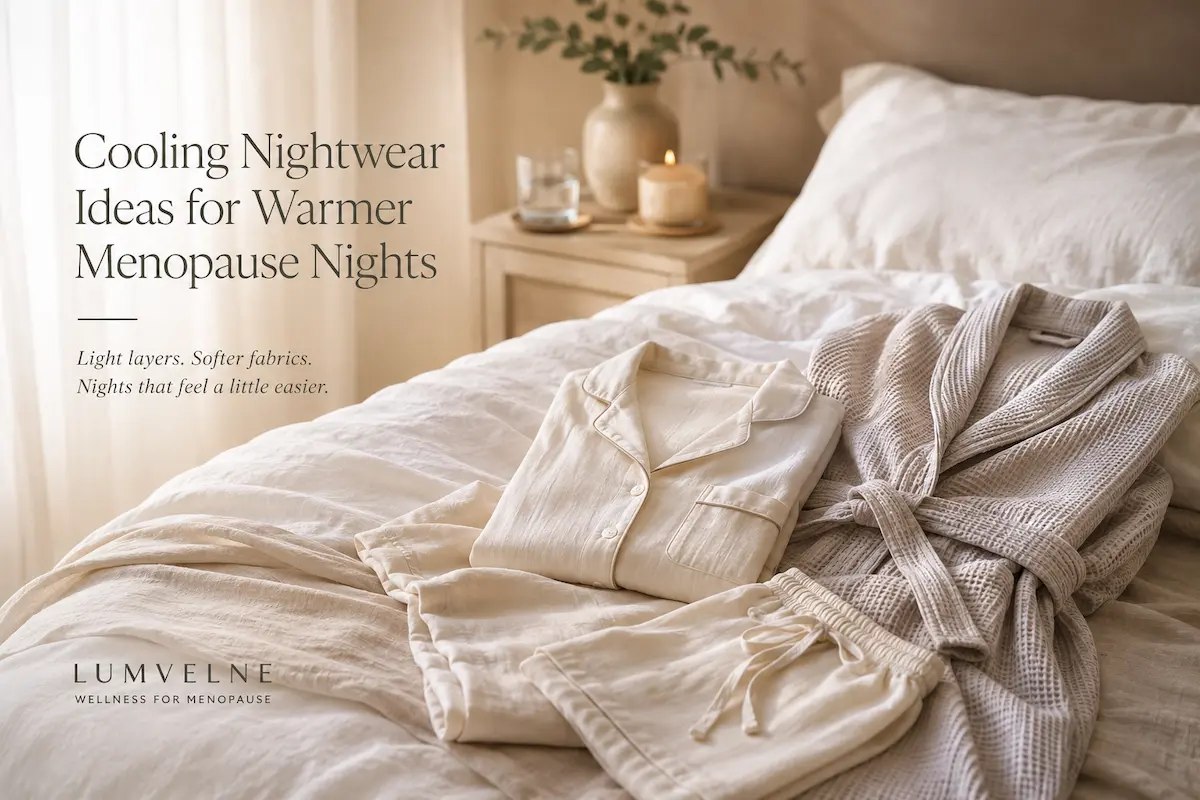 Alt text: Soft lightweight nightwear and waffle robe on a calm neutral bedroom bed for warmer menopause nights