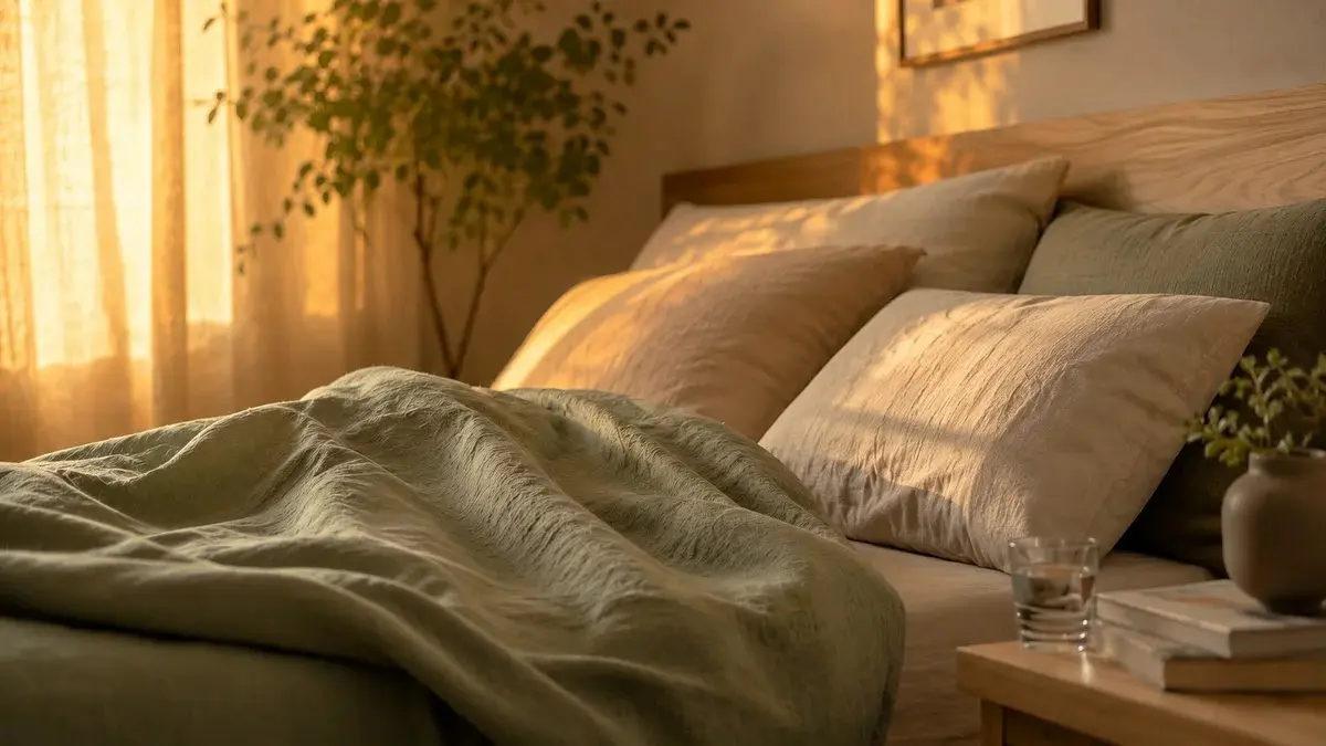 Modern UK bedroom sanctuary seen through an open door with navy blue bedding and amber lighting