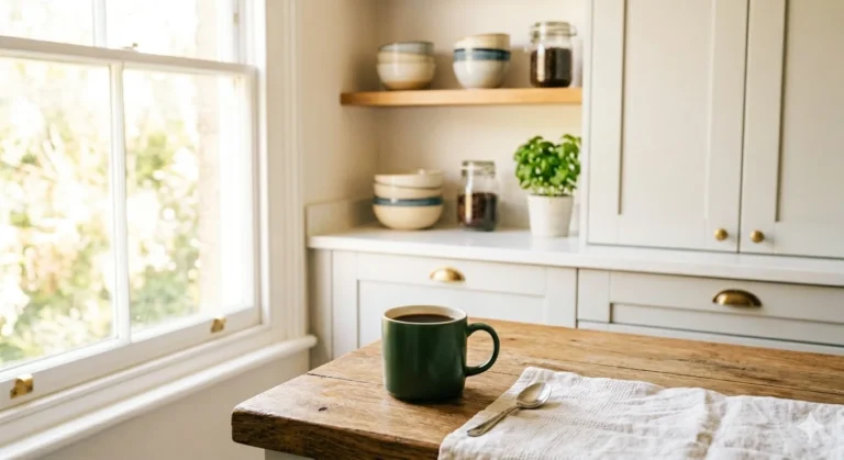 A close-up of a dark ceramic coffee cup on a clean wooden counter in a bright, sun-drenched British-style kitchen, with warm natural light flooding the neat space.