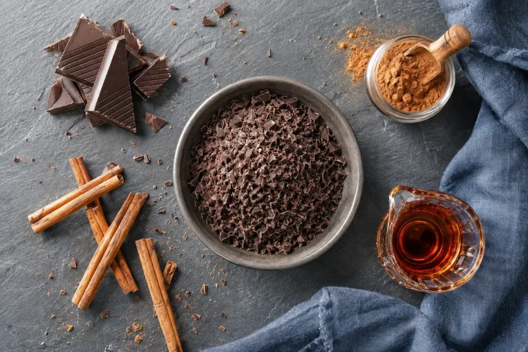 A steaming mug of dark chocolate Moon Milk with cinnamon on a wooden bedside table, representing a magnesium-rich evening ritual for better sleep.