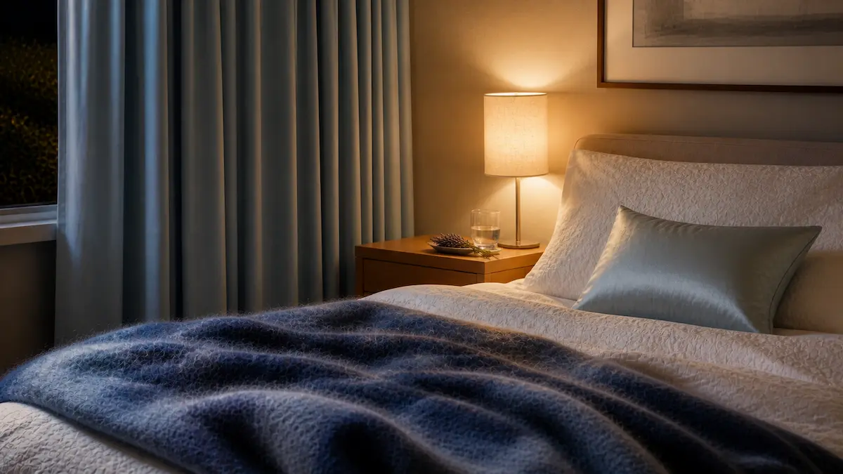 Minimalist serene bedroom showing cooling bedding and a cooling pillow, symbolizing better sleep during menopause.