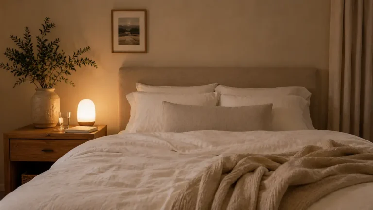 Calm softly lit bedroom with warm bedside lighting for quieter nights after waking at 3am